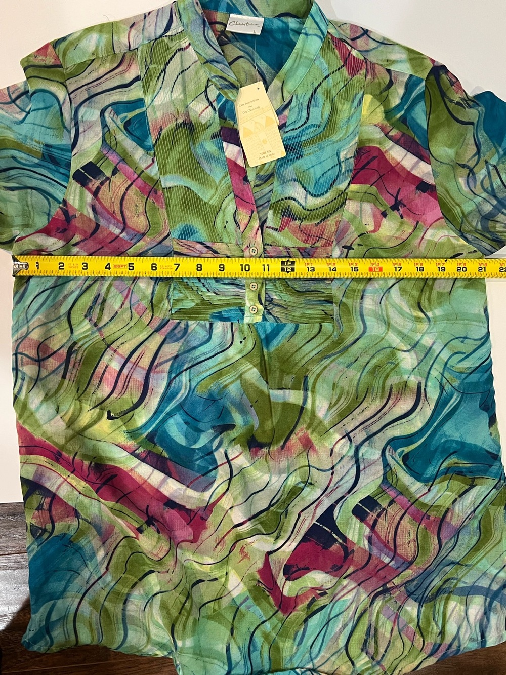Christina 100% Silk Abstract Wave-Print Tunic - Blue/Green/Pink size Large NWT - Picture 6 of 9